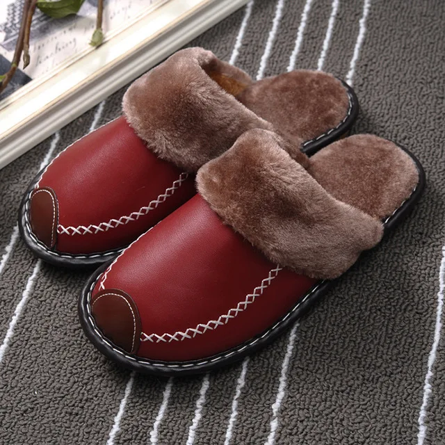 Женские домашние тапочки на плоской подошве; зимняя плюшевая женская обувь; прошитая обувь из искусственной кожи; Женская Повседневная Удобная обувь на платформе размера плюс - Цвет: wine red