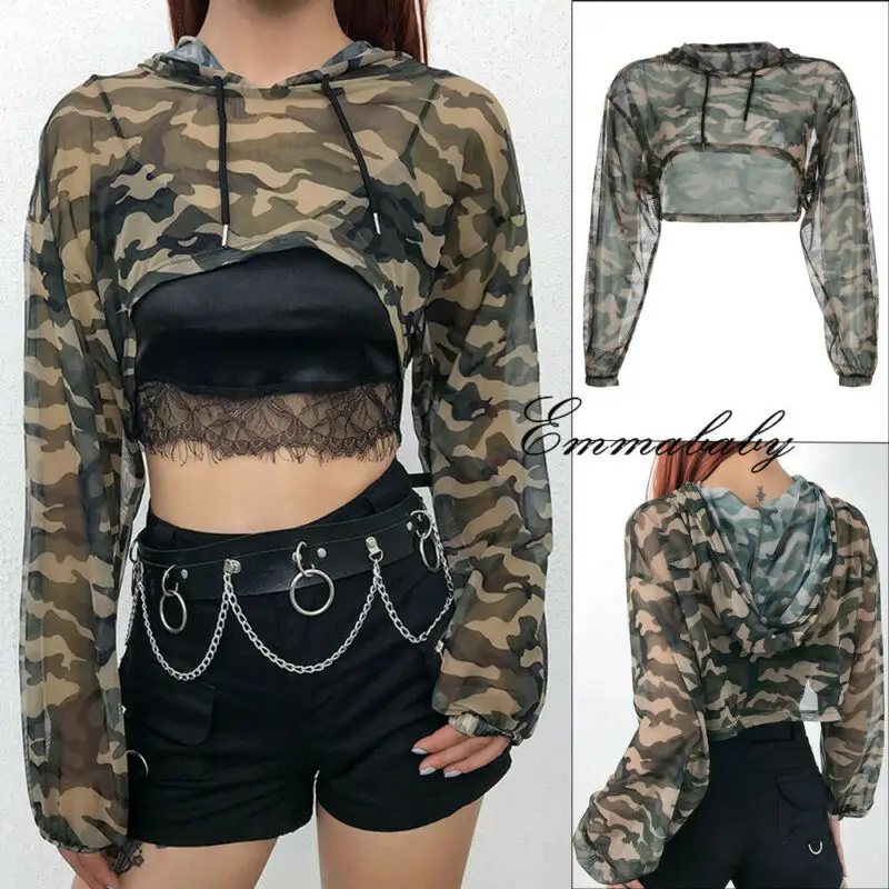 Long Sleeve Tshirt Mesh Top Hooded Hollow Out Sexy Punk Rock Short Crop Top White T-shirt Fishnet Black Women Clothing Tops Tees