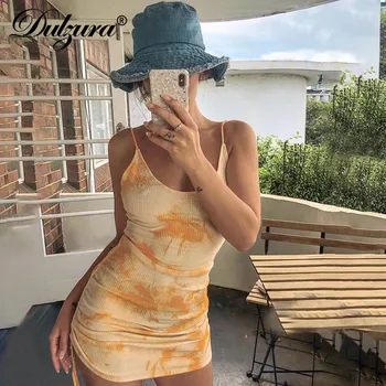 

Dulzura tie dye ribbed drawstring ruched strap women mini dress bodycon sexy 2020 summer clothes party streetwear club outfit