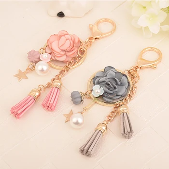 

Fabric Flower Key Rings Tassel Car Key Chains Fashion Bag Charms Ornaments Pearl Stars Keychains