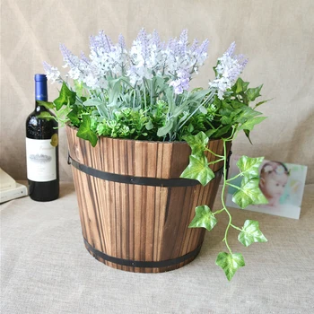 

Wooden Barrel Flower Pot Flat Edge Garden Decor Succulent Plants Flower Barrels Decorations
