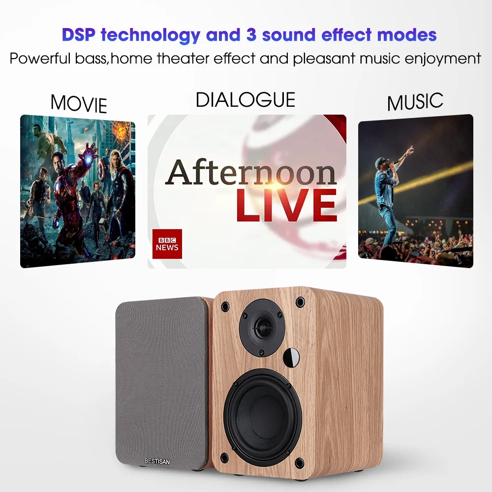 80W Desktop Gaming Speaker Bluetooth Boombox Wooden Bookshelf Speakers 2.0 Home Theater System Bass Effect For PC TV