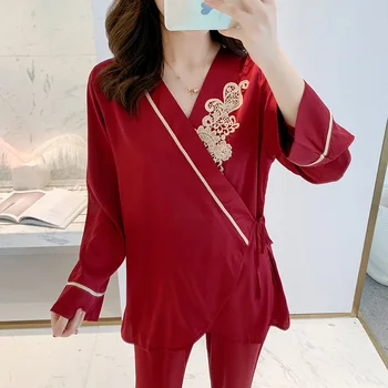 

2020 New Women Burgundy Sleepwear Silky Pajamas Set Satin Pyjamas Lace Bathrobe Casual Kimono Robe Gown Nightgown Homewear