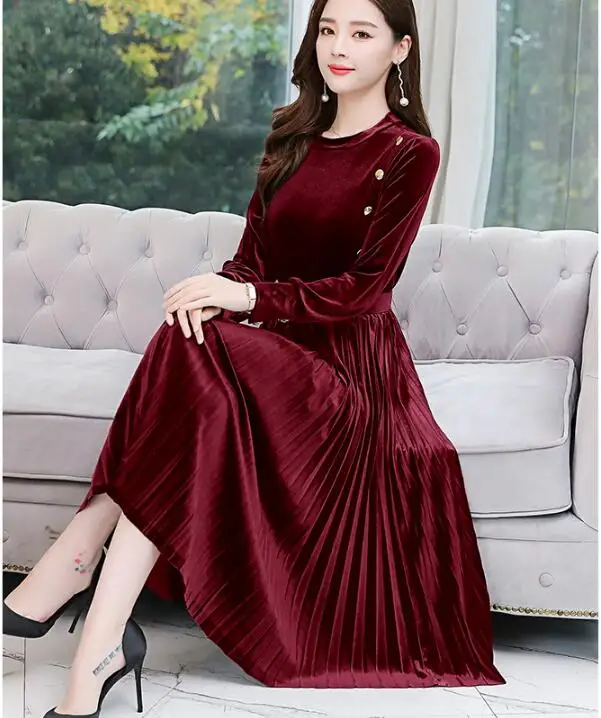 Spring New Arrival Hot Sale Fashion Stand Collar Long Sleeve Velvet Woman Pleated Long Dress - Цвет: Бургундия