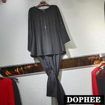 

Large Size T-shirt +Plus Size Pants Two-piece Set for Women Spring Autumn Roma Cotton Hot Drilling Pullover Shirt Long Pants