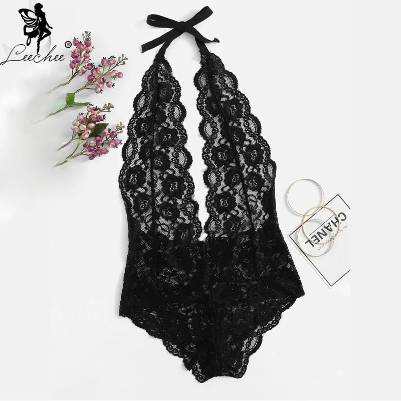 

Leechee Sexy Bodysuit Women Backless Summer Jumpsuit Halter Teddies V Neck Sheer Body Suit Transparent Catsuit Lace Overalls
