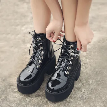 

Ankle Gothic Punk Women's Chunky Boots 2020 Women Platform Motorcycle Boots Woman Cool Chain Zipper Ladies Lace Up Female Shoes