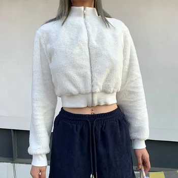

WHite High Waist Long Sleeve Hot Streetwear Hoodies for Women Zipper Winter Sweatshirt