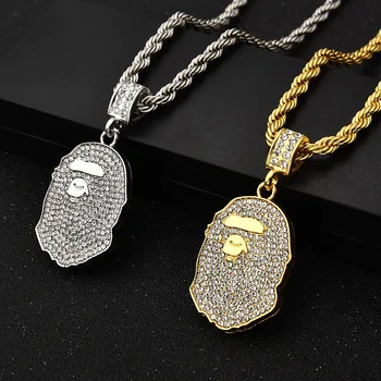 

Man Ape head Hip Hop Pendant Necklace With Long Chain Popular Personality Hip Hop Necklace Accessories