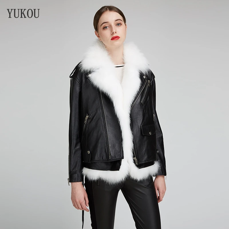 

Leather Leather Women'S Lambskin Bomber Biker Jacket Long Sleeves Zipper Fox Fur Vest Two-Piece Suite