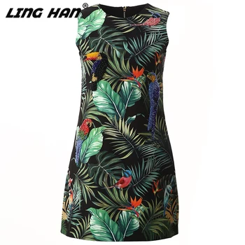 

LINGHAN Fashion Parrot Beaded Mini Dress Women's Vacation Sleeveless Rainforest Print Slim Dresses Designer Spring Summer New
