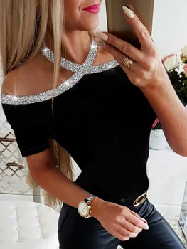 

2020 Summer Women Elegant Basic Casual Top Female Lace-up Leisure Shirt Rhinestone Details Halter Short Sleeve Blouse