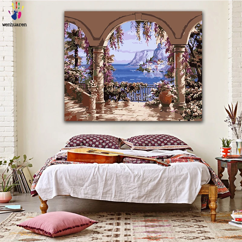 DIY картинки для раскраски по номерам с цветами дом цветка на остров картина Рисование Живопись по номерам в рамке дома