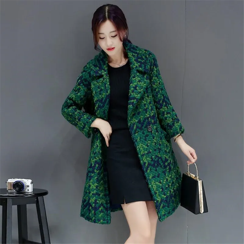 Твидовое пальто для девочек, новинка, Женское шерстяное пальто, повседневное Свободное пальто с карманами, Женская шерстяная Верхняя одежда средней длины размера плюс