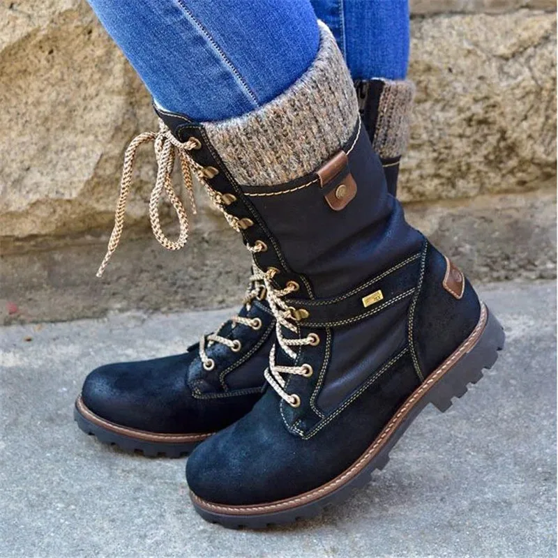 2020 autumn and winter round toe low-heeled woolen side zipper plus size mid-tube women's Martin boots | Обувь