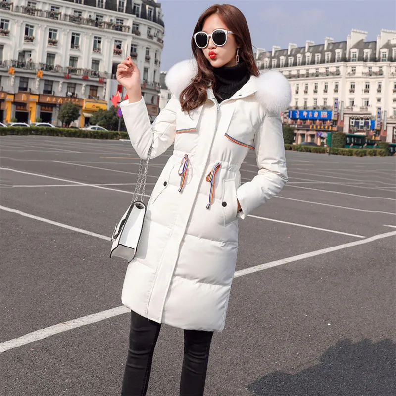 

2019 Down Jacket Women White Duck Down Medium Long Loose Coat Fashion Big Fur Collar Winter Down Outerwear Female Coat XIN133