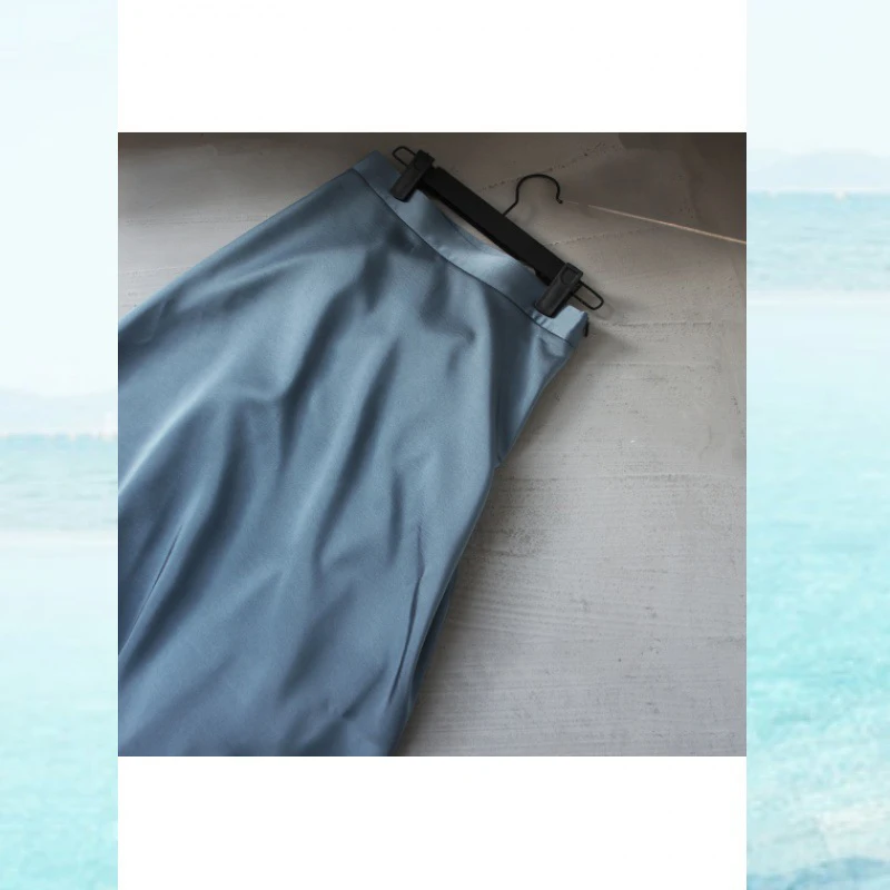GOPLUS-осенняя сатиновая юбка трапециевидной формы с высокой талией, Женская Блестящая шелковая юбка миди с имитацией синего цвета, Faldas Mujer Moda C8301
