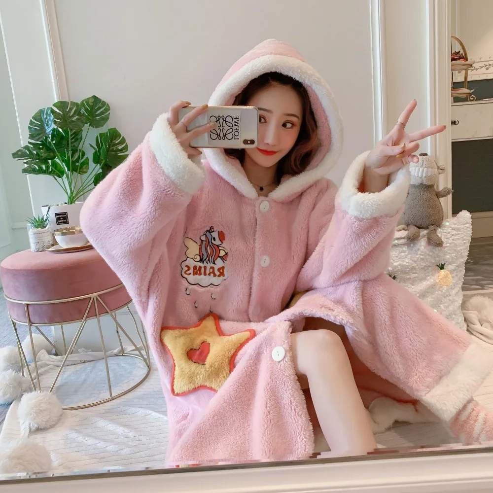 Winter Cute Warm Bathrobes Women Pink Hooded Long Bath Robe Ladies Dressing Soft Gown Kawaii Stars Pockets Robes Female
