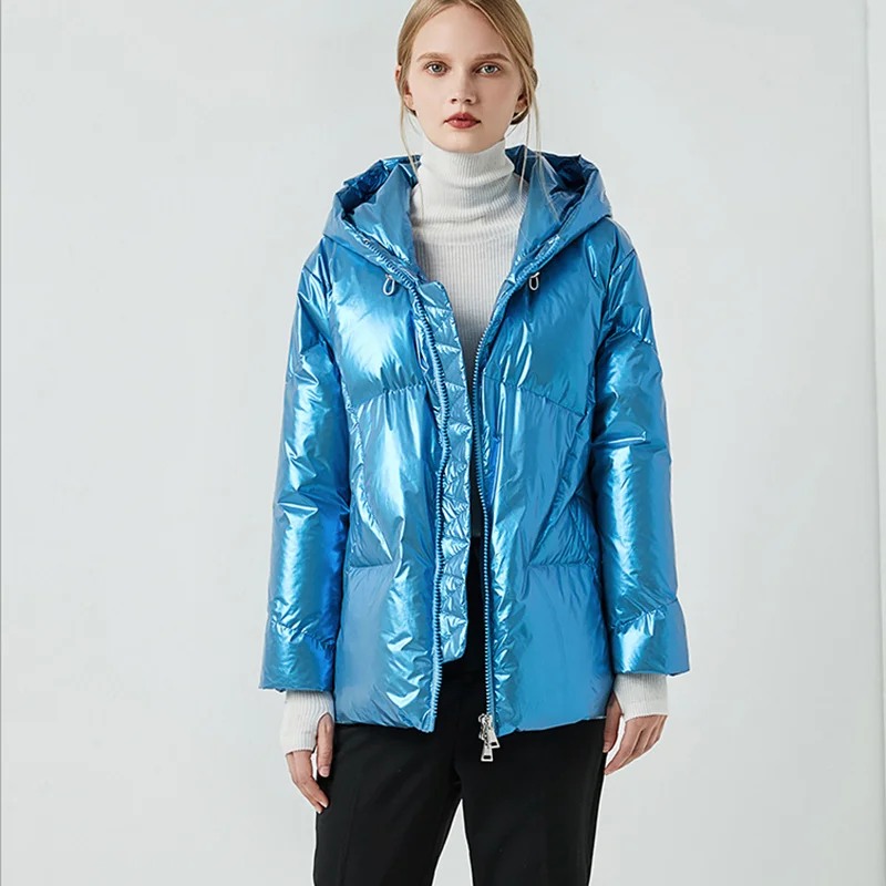 women winter new style down jacket fashionable hooded white duck down clothes thickened coat short style warm shiny coat