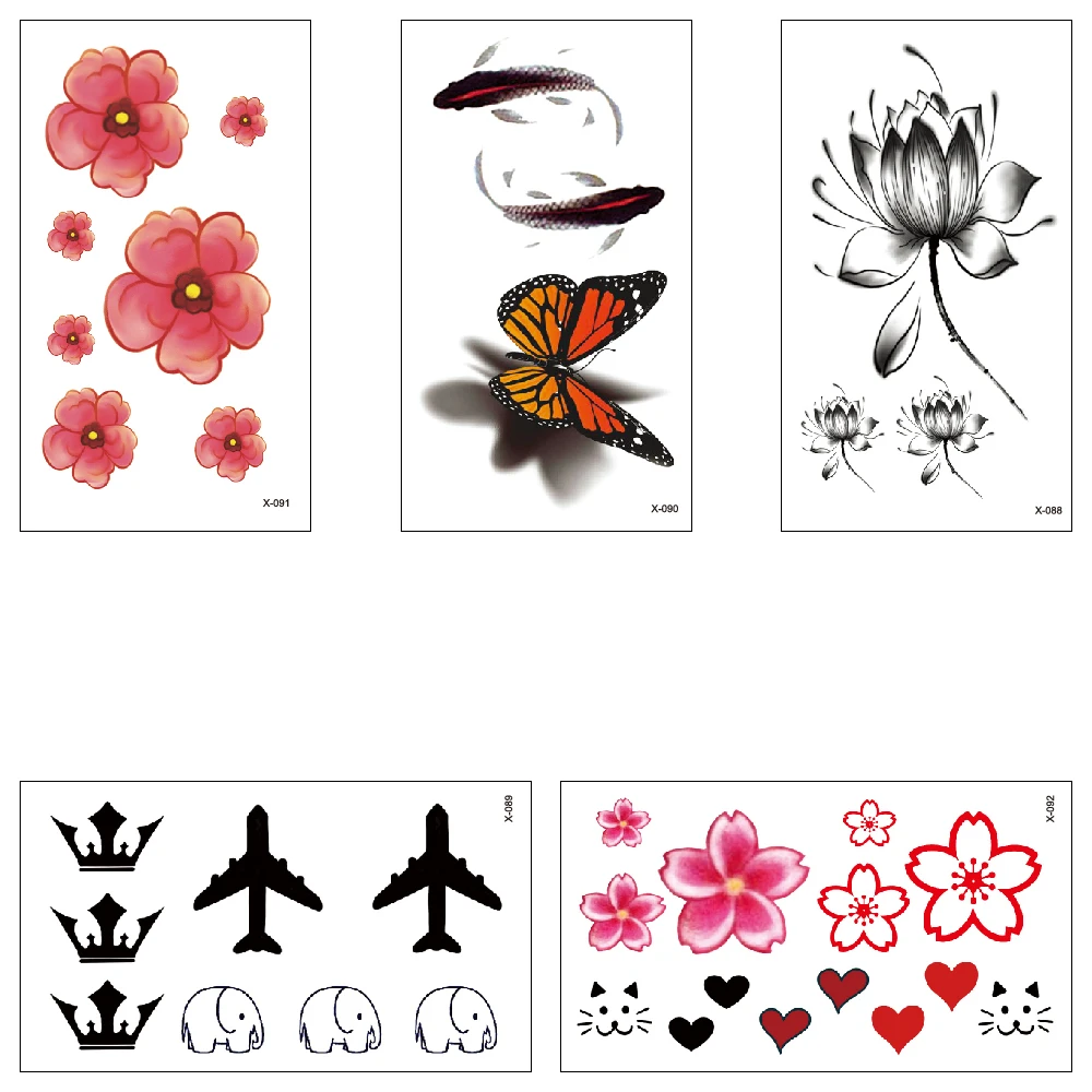 Temporary tattoo water transfer Butterfly Flower Aircraft Crown Koi stickers boy girl beautiful makeups sexy body art X088-092 | Красота и