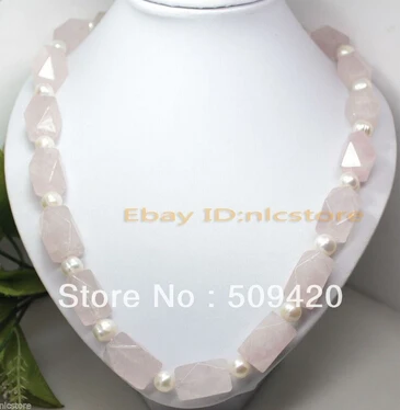 > ожерелье из натурального розового кварца с белым жемчугом 19"