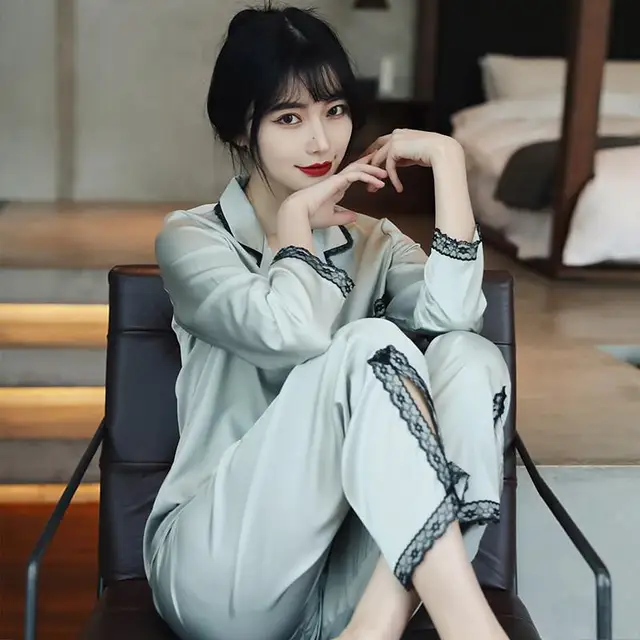 Lace Pj's 2PCS Sleepwear Women Satin Pajamas Suit Summer Pyjamas Casual Intimate Lingerie Long Sleeve Shirt&Pants Lounge Wear Light Green D