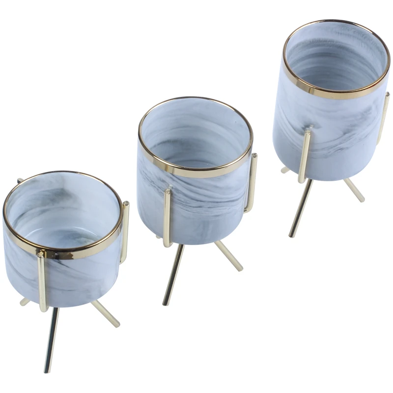 HHO-Nordic Marble Pattern Vase Ceramic Iron Art Vase Rose Gold Silver Tabletop Green Plant Flower Pot Home Office Vases Decorati