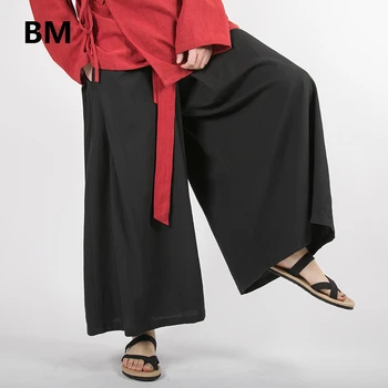 

Chinese Style Linen Pants Loose Cotton Line Wide Leg Skirt Pants 2020 Retro Belt Ankle Cropped Pants Thin Men's Clothing