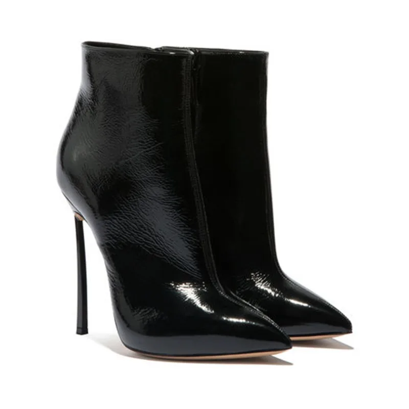 

Runway Black Patent Leather Blade Heels Woman Ankle Boots Lady Pointed Toe Zipper Side Metallic High Heel Booties