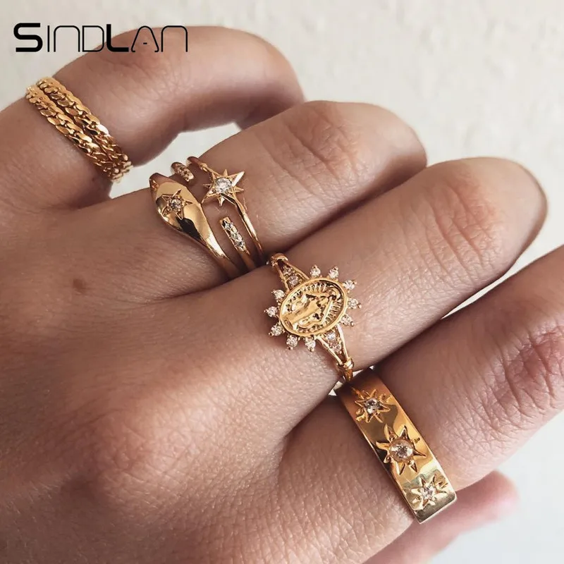 

Sindlan 7PCs Vintage Crystal Totem Rings for Women Thick Joint Ring Set Gold Statement Ring Cool Fashion Female Finger Jewelry