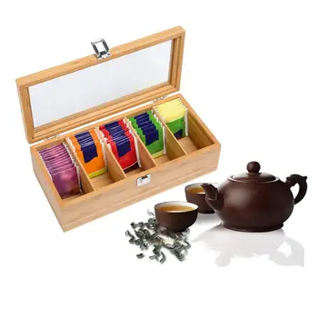 

Bamboo system Tea Bag Jewelry Organizer Storage Box 5 Compartments Tea Box Organizer Wood Sugar Packet Container