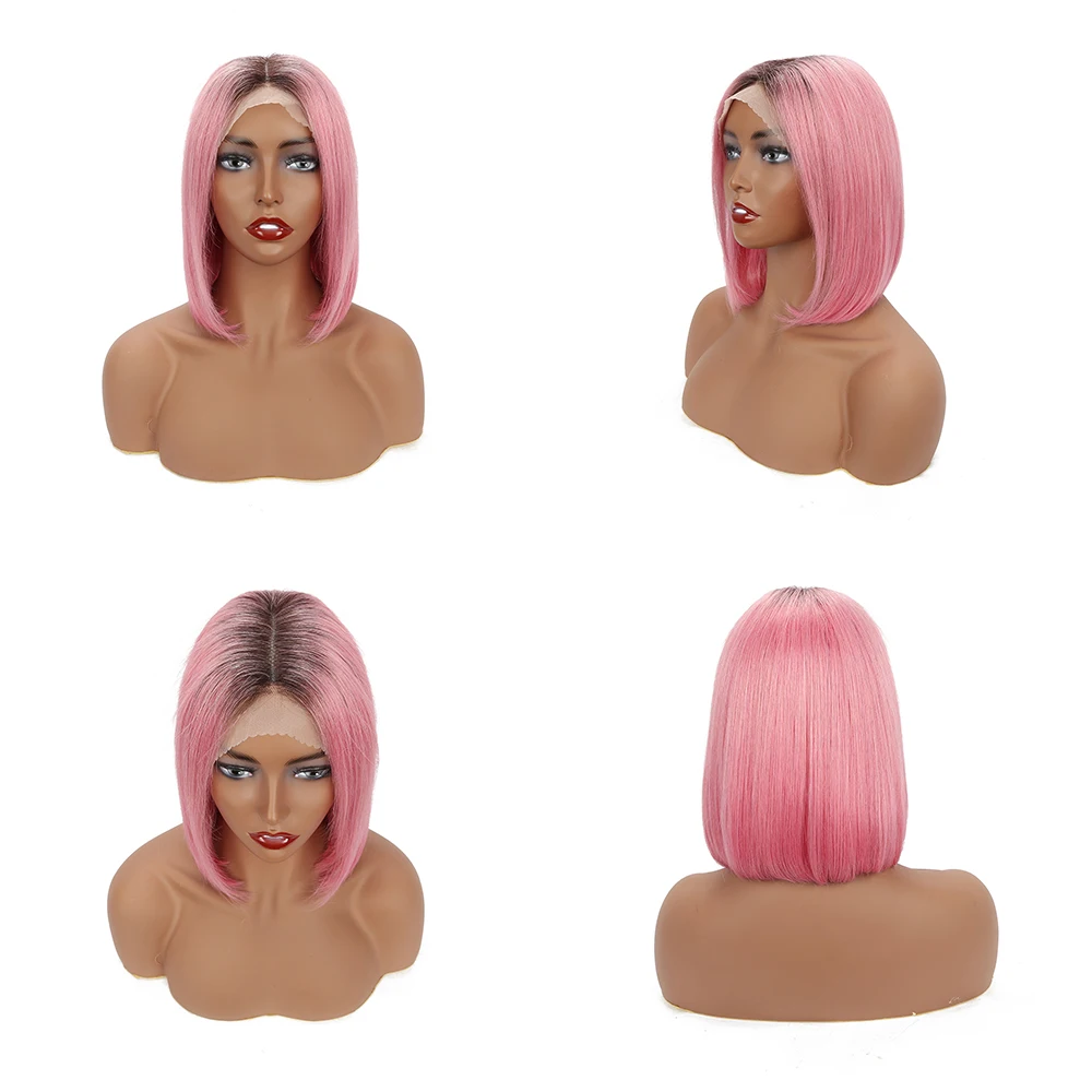 Acehair Короткие парик розовый Синтетические волосы на кружеве парик бразильский 13x4 прямые парики из натуральных волос с Африканской структурой, Для женщин Цветной эффектом деграде(переход от темного к Волосы remy