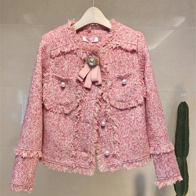 

2019 Autumn Winter Fashion Tweed Coat Women Grace Single-breasted Pearls Button Long Sleeve Tassels Tweed Jacket Coat