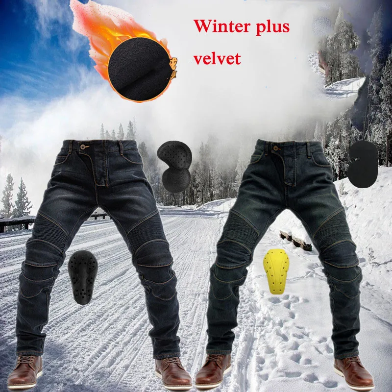 

WINTER MOTO pants for Winter plus velvet warm motorcycle riding pants outdoor warm jeans with 4 pads