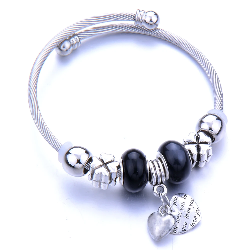 Trendy Elastic metal beading Antique Original Heart Charm Bracelets For Women Glass Beads Brand Bracelet Bangle Jewelry Gift - Окраска металла: С латунным покрытием
