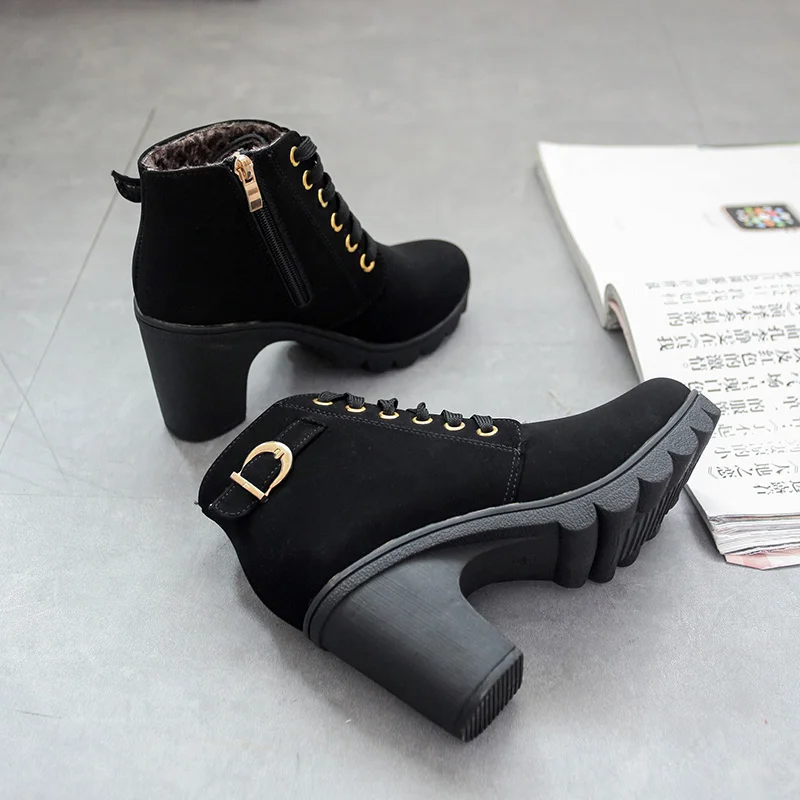 New Winter Women Platform High Heels Ankle Boots Women Boots Buckle Shoes Thick Heel Short Martin snow Boots Ladies mujer T090