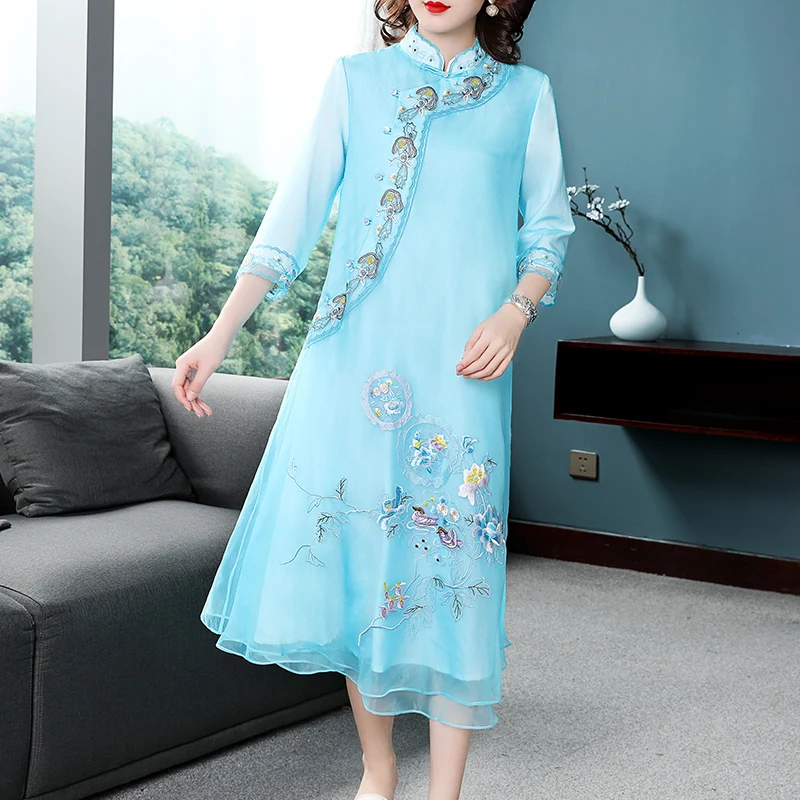 Органза вышивка ретро китайский стиль через плечо стоячий воротник Cheongsam ТРАПЕЦИЕВИДНОЕ ПЛАТЬЕ