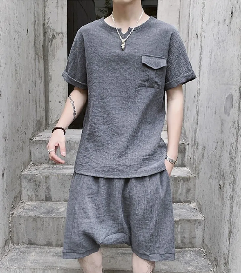 Chinese Style Summer Mens Loose Fit Casual Two Piece Outfits Short Sleeve Pullover Pockets T-Shirts Elastic Waist Cross Shorts
