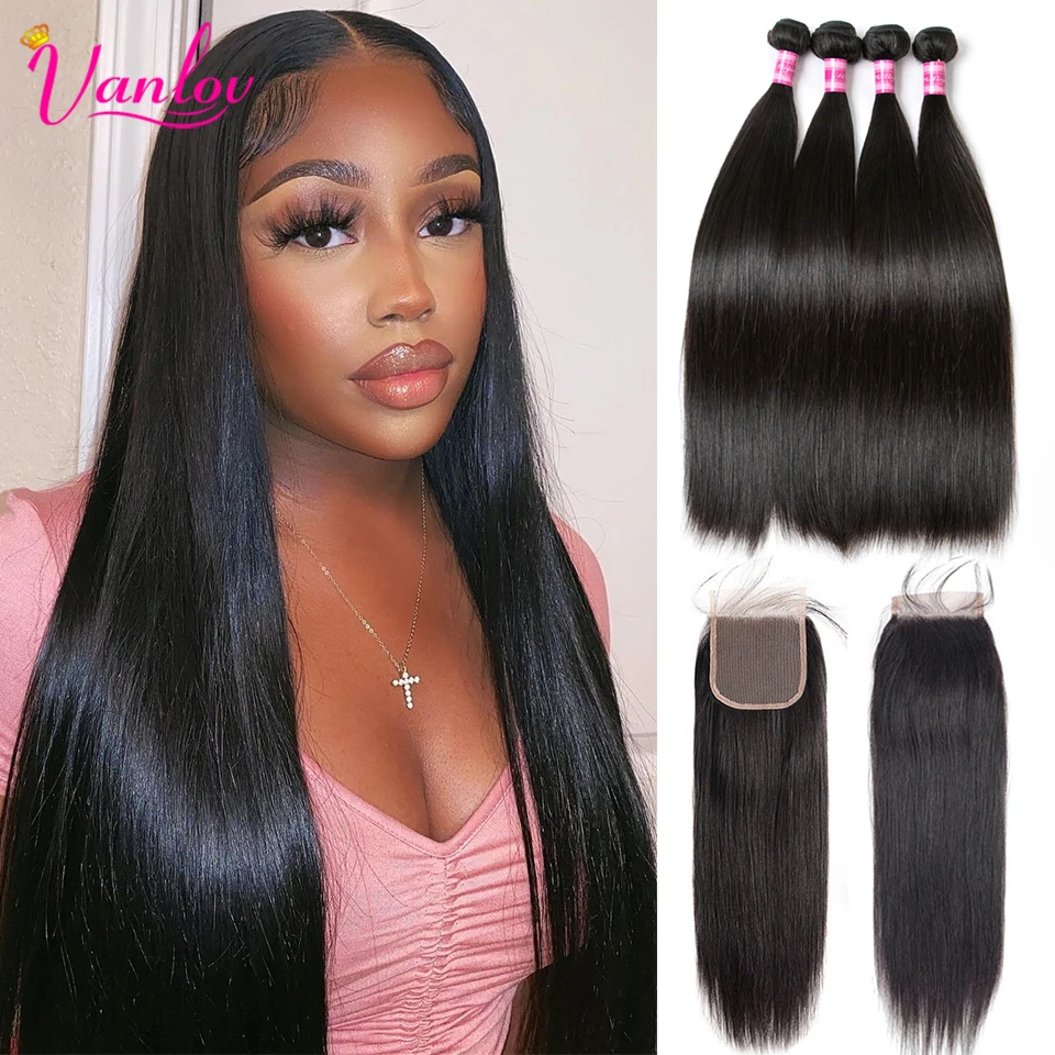 Vanlov-extensiones de cabello humano liso, extensiones de pelo ondulado malasio prearrancado con cierre, 4x4, Remy