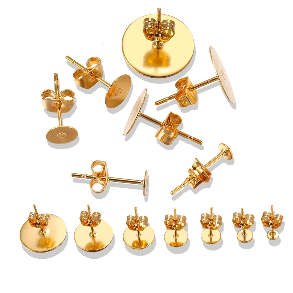 20-100pcs/lot Gold Stainless Steel Blank Post Earring Studs Base Pins With Earring Plug Findings Ear Back For DIY Jewelry Making