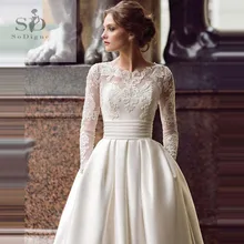 SoDigne июля свадебное платье с длинным рукавом ТРАПЕЦИЕВИДНОЕ атласное свадебное платье со шлейфом белое/цвета слоновой кости кружева аппликации свадебные платья