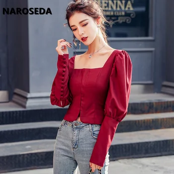 

NAROSEDA 2020 Spring Autumn chic women blouse long Puff Sleeve Square Collar female blusas streetwear ladies short top shirt