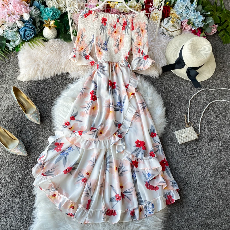 Boho 2021 сексуальный цветочный принт с открытыми плечами Макси длинное платье со
