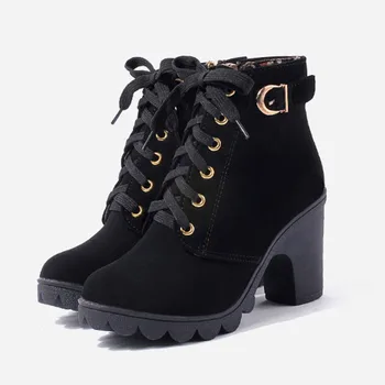 

Women Boots Plus Size Ankle Boots Women Platform High Heels Lace Up Buckle Strap Shoes Thick Heel Short Boot Ladies