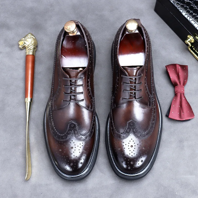 Handmade Leather Shoes Men Summer New Brogue Carved Business Dress Shoe Mens Black Casual Increase British Lace-Up Oxfrods