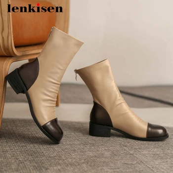 

Lenkisen 2020 hot sale short boots natural leather mixed colors thick med heel round toe back zipper convenient ankle boots L3f2