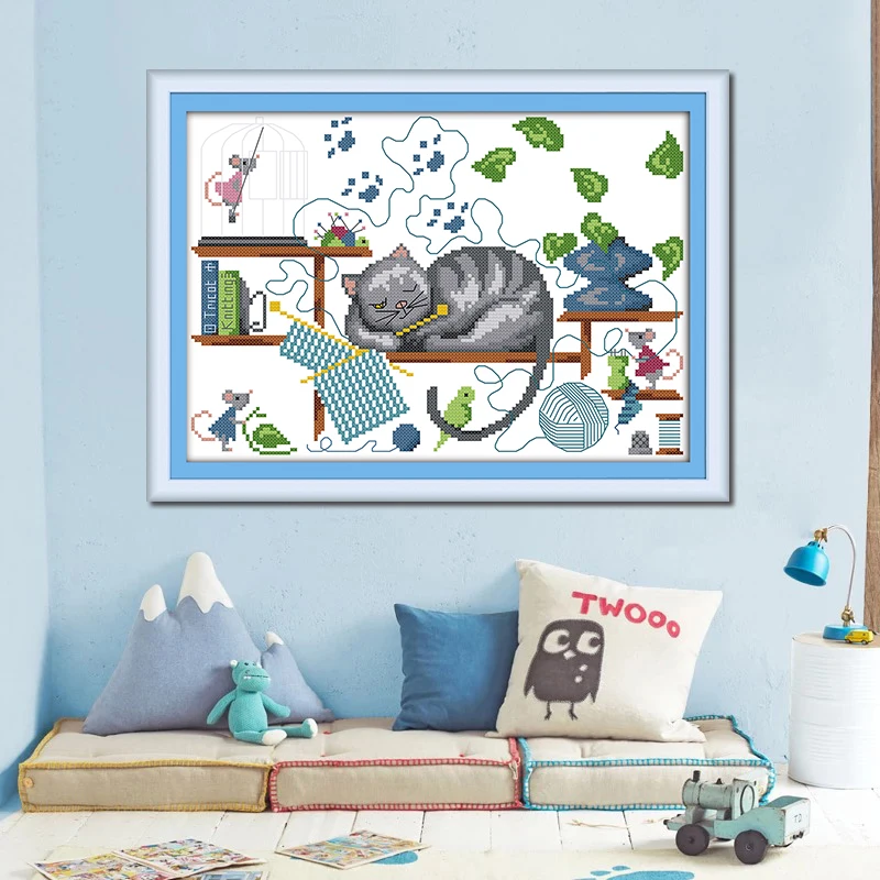 

Joy Sunday DIY Cross Stitch Kits Little cat lying on a chair pattern Printed for a children's room Chinese embroidery needlework
