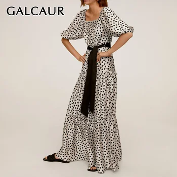

GALCAUR Vintage Dot Hit Color Dress For Woman Square Collar Puff Sleeve High Waist Lace Up Large Size Maxi Dresses Female 2020