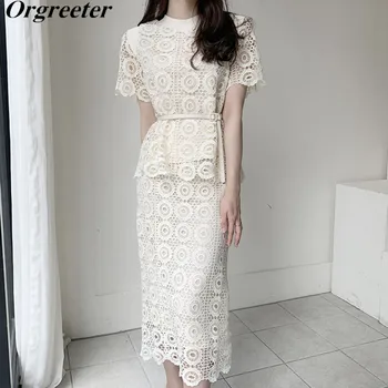 

Elegant Lady Hollow out Lace Two piece Set Women O-neck Short Sleeve Blouse Tops + Elastic Waist Long Skirts Suits Summer Fall