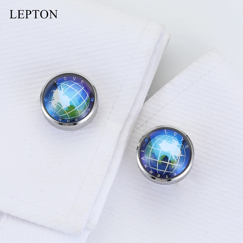 Lepton Globe Earth Cufflinks High quality Stainless steel Rotatable globe planet earth World Map Cuff links Wedding For Mens